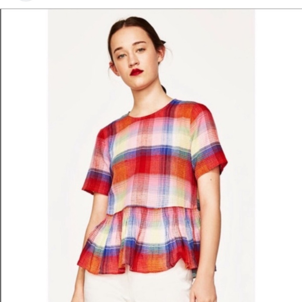 Zara Multicolor Plaid Peplum Top